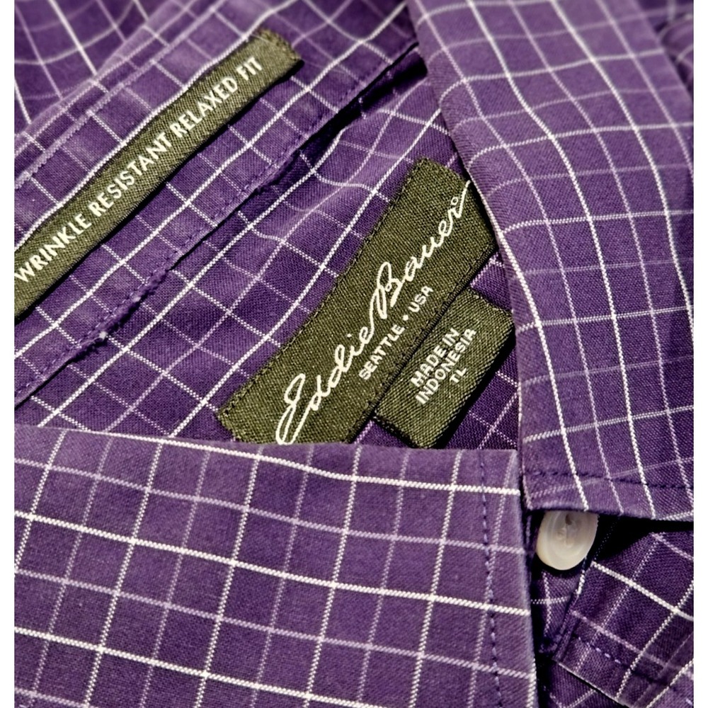 Eddie Bauer Men's Size TL (Tall Large) Purple/White Plaid Relaxed Fit Shirt.
